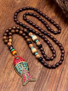 Dây chuyền mặt hình cá kiểu Nepal cổ điển, dây chuyền dài làm thủ công bằng hạt gỗ, phụ kiện văn hóa độc đáo, chế tác tinh xảo, hạt nhiều màu sắc. - Nhiều màu - Xem 8