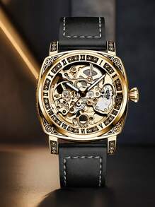 1pc Men's Black Leather Strap Gold Case Vintage Engraved Design Luminous Hollow Tourbillon Automatic Mechanical Watch