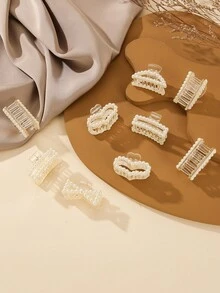 9pcs Faux Pearl Decor Hair Claw Elegant Valentine's Day Valentines Claw Clips Hair Clips Hair Jaw Clip Hair Clamps Hair Clutch Hair Catcher Clip, School Stuff, College, Faux Pearl Hair Accessories Fall Winter For Vacation Outfits Woman