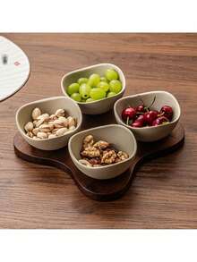 2/3/4 Compartment Rustic Ceramic Fruit Plate With Rosewood Tray, Snack Nut Serving Platter, Cake Slice & Fruit Display Plate, Suitable For Home, Restaurant, Birthday, Party - Stoneware+Brown - View 8