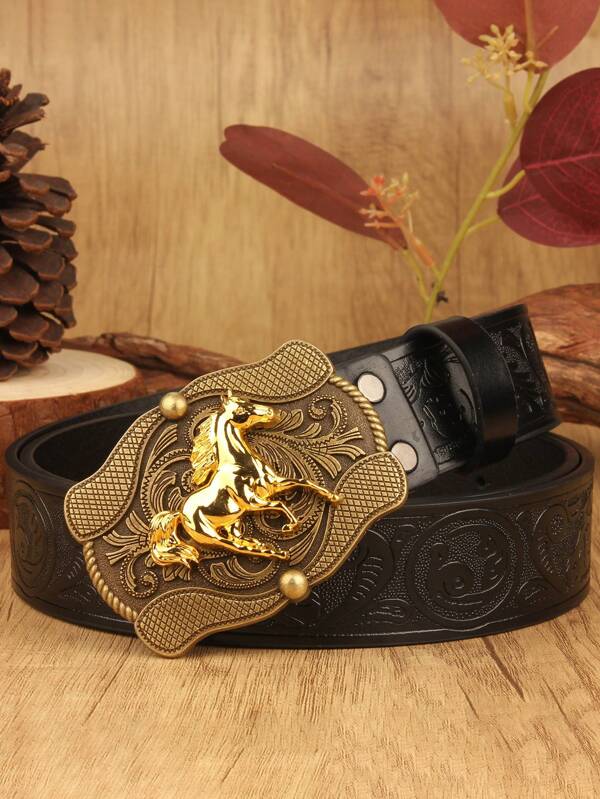 3.7cm Vintage Flower & Horse Pattern Casual Unisex Belt, Suitable For Jeans