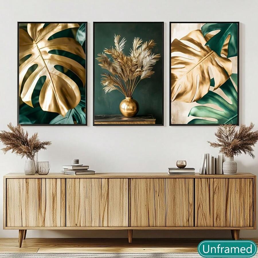 3 件装，无框，绿色植物叶三联画 - 印刷油画布海报，清新时尚的墙壁艺术，适用于客厅、房间、办公室、墙壁装饰、家居装饰，多种尺寸可供选择 - 彩色 - 查看 1