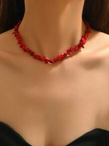1pc Bohemian Style Vintage Elegant Asymmetrical Red Bead Necklace, Suitable For Women's Daily Wear Or Party