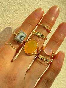 7 件套时尚夸张波西米亚风格奢华百搭优雅精致独特不对称几何树脂镶嵌彩色戒指套装，适合女士日常佩戴、节日和派对