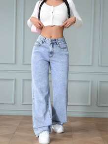 Jeans rectos de pierna simple con bolsillo delantero y botones, para uso casual diario de adolescentes - Azul lavado medio - Ver 4