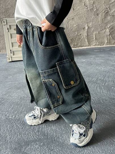 Quần jeans ống đứng dáng rộng thoải mái cho bé trai, thích hợp mặc hàng ngày, đi học, dã ngoại, mùa thu