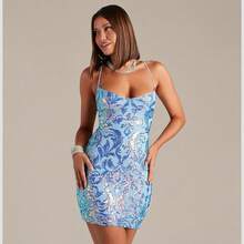 Teen Homecoming Dress Sequins Bodycon Mini Spaghetti Strap Floral Glitter - Sky Blue - View 7