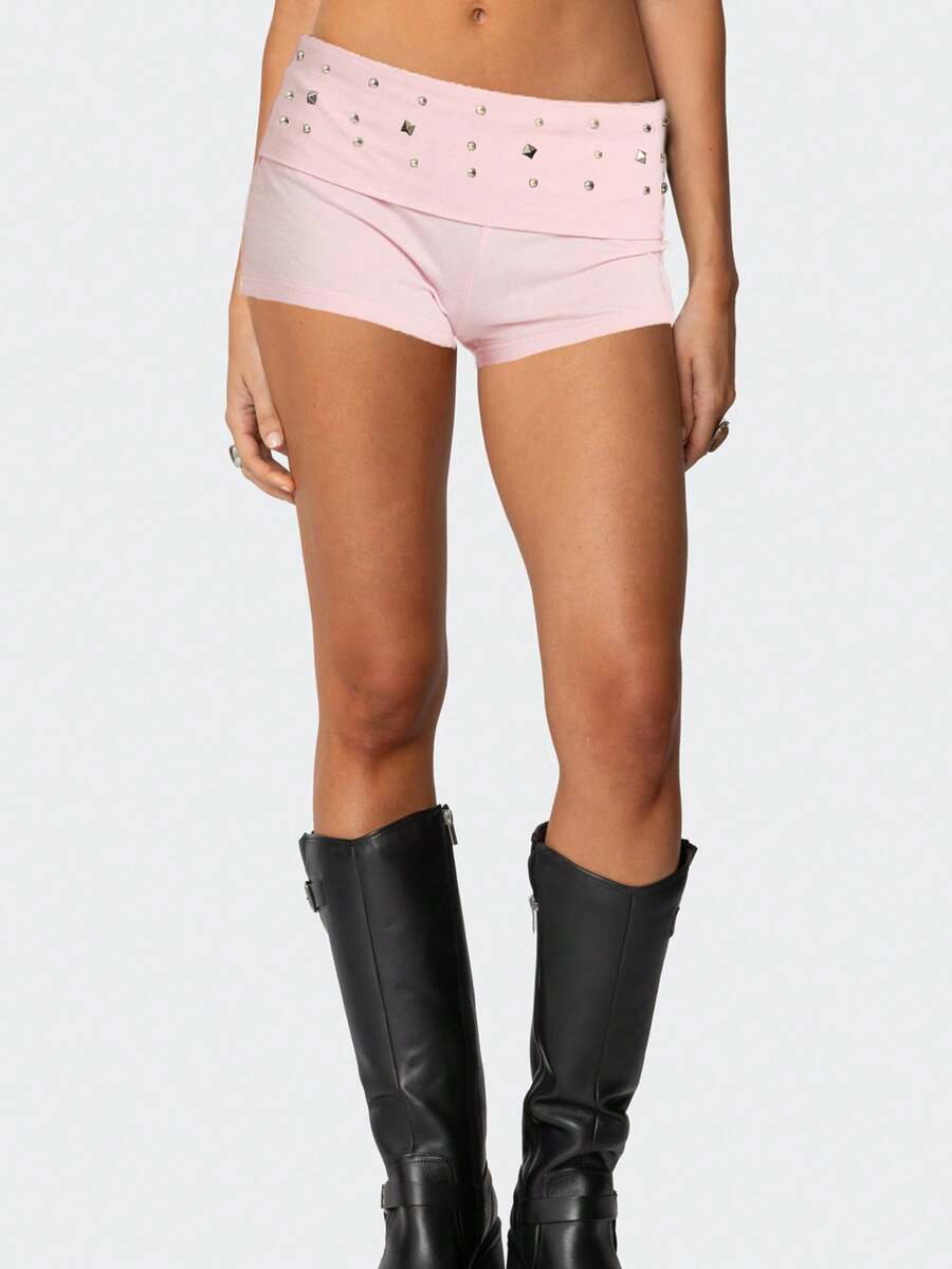 Women Y2K Studded Foldover Summer Hot Shorts Vintage Low Waist Slim Fit Micro Shorts - Hồng - Xem 1