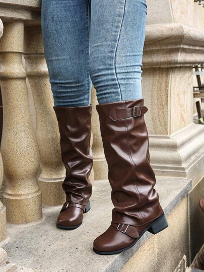 Women's Fashion Brown Leather Low Heel Ruched Casual Long Boots