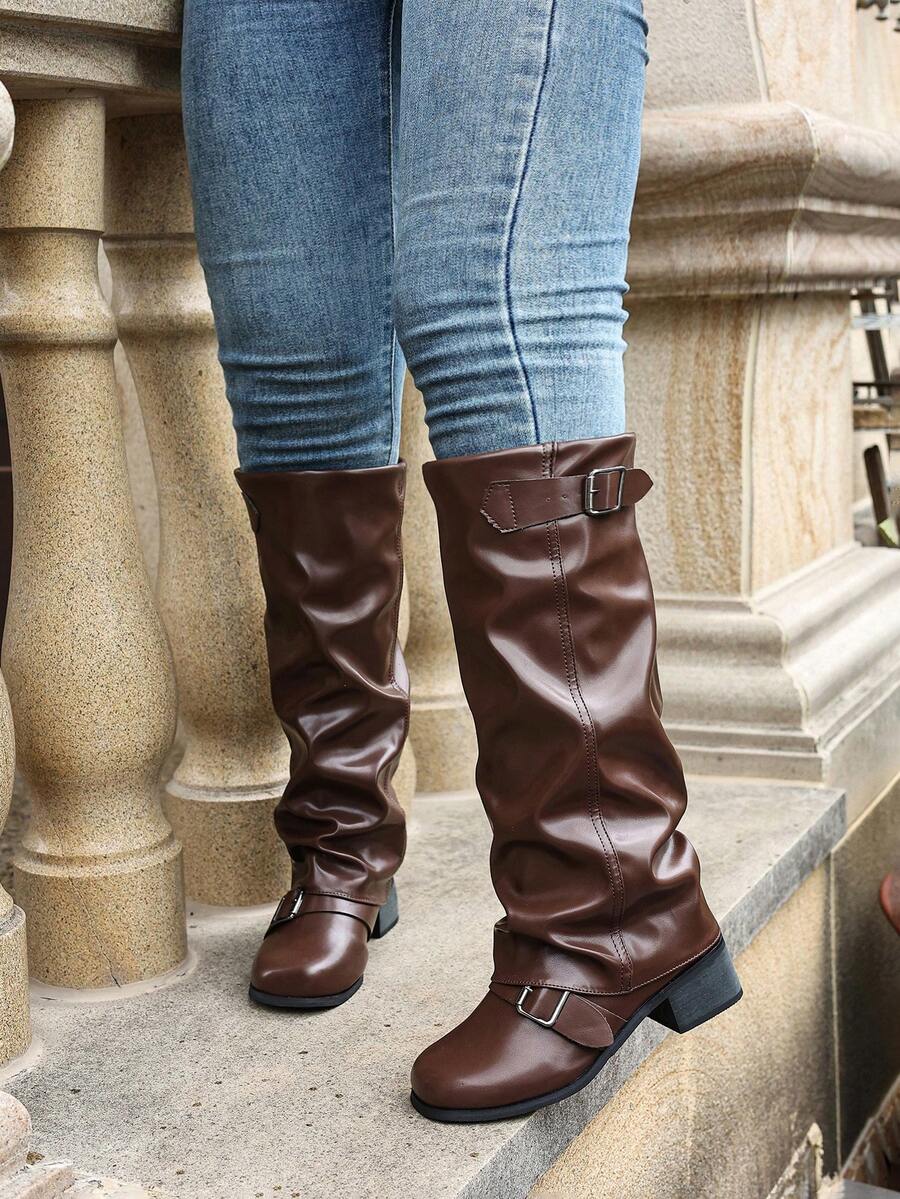 Fall/Winter Women's Fashion Brown Leather Low Heel Ruched Casual Long Boots Wide Fit - Brown - View 1