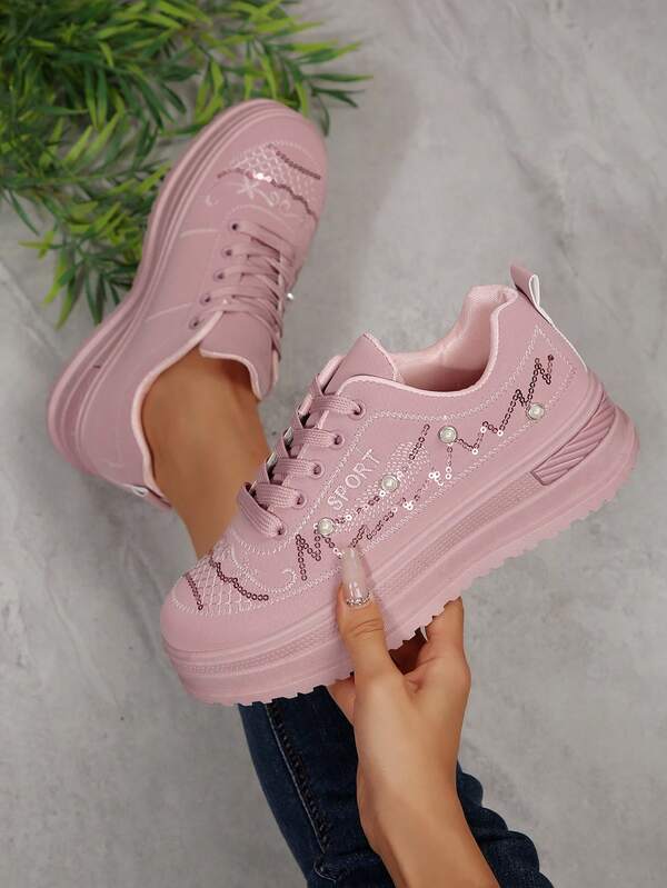 1 Pair Women's New Thick Sole Comfortable Cute Casual Shoes, Embroidered Uppers, Faux Pearl Chain Decor, Suitable For Students And Most People, Size 36-41 Available