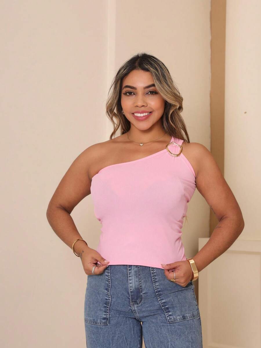 Blusa Feminina Nula Manga Argola Dourada Elegante e Conforto tecido canelado Ribana - Rosa Bebê - Visão 1