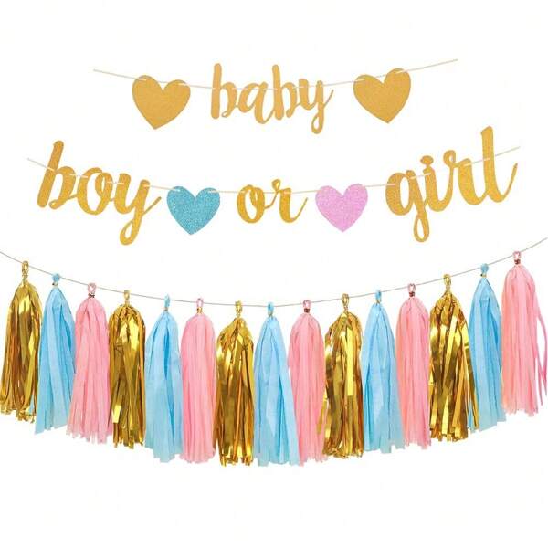 1 Set Baby Gender Reveal Decorations - Glitter Letter Baby & Boy Or Girl Heart Shaped Banner, Paper Tassel Flower Wreath Set, Gender Reveal Party Decorative Banner Streamers