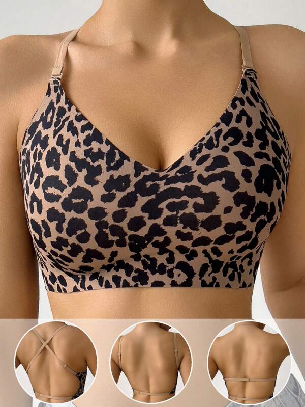 Sujetador inalámbrico y cómodo sin costuras para mujer - Almohadillas extraíbles y tirantes multiforma - Estampado de leopardo - Múltiples formas de uso - Ideal para uso diario/trabajo/fiesta