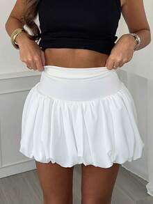 Women Y2K Bubble Skirt High Waist Solid Color Ruffle Hem A Line Pleated Mini Short Skirt Teen Girls Balloon Puffy Short Skirts Streetwear - 白色 - 查看 3