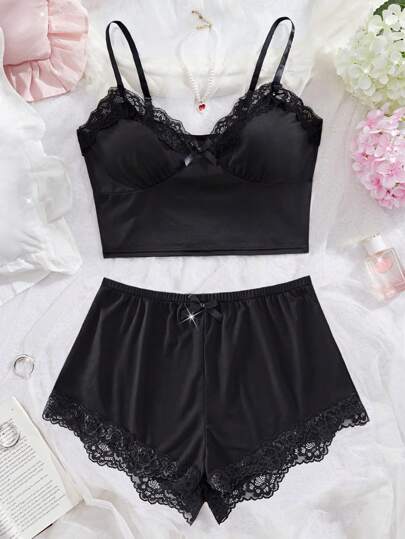 Set Of Flower Kanten Pyjama Suit Neck Com Tafel Knitted Pit Strip Fabric Bow Top Shorts Home Wear Sleepwear view 3