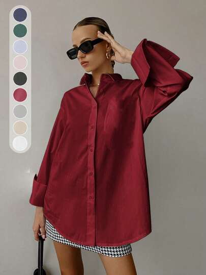 Women Solid Color Loose Long Sleeved Business Interview Commuting Casual Relaxed Feeling Simple Shirt Back To School Graduation Office Spring Summer Autumn
