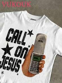 CALL ON JESUS Men's Fashion Men's Printed Short Sleeved T-Shirt, Men's Round Neck Top, 180g 100% Pure Cotton Fabric - Comfortable And Casual Summer Street Style Short Sleeved T-Shirt, Cool Design Retro Summer Men's Daily Wear T-Shirt Print - 白色 - 查看 2