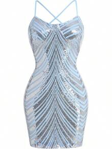 Teen Homecoming Dress Sequins Bodycon Mini Spaghetti Strap Floral Glitter - Biru Perak - View 3