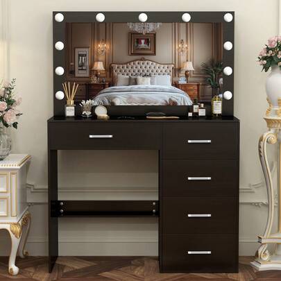 Tocador moderno de 5 cajones, escritorio grande de maquillaje, mueble de dormitorio de madera - Perfecto para organizar maquillaje, cuidado de la piel, tocador elegante | Tocador decorativo, mueble de tocador, compacto para espacios pequeños, regalo de decoración de dormitorio, regalo perfecto para mujeres y niñasv