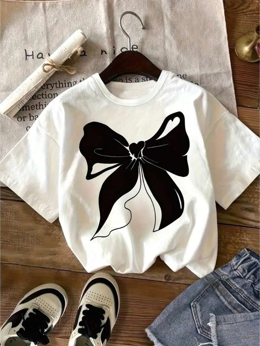 Children's T-Shirt Round Neck Short Sleeve Oversized Style Casual Colorful Simple Suitable Ideal For Girls And Seasons Cotton Bow Print - trắng - Xem 1