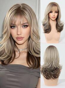 20英寸灰色渐变中长波浪卷假发，带刘海，采用耐热合成材料制成，适合女性，时尚配饰，节日礼物，适合日常、派对或假日旅行。 - 漸變灰色 - 查看 2