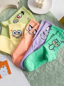 SpongeBob SquarePants 5双卡通人物印花船袜，可爱有趣的表情，如章鱼、海星，纯色舒适透气休闲情侣袜 - 彩色 - 查看 3