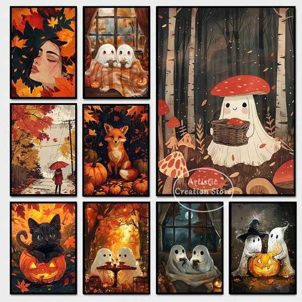1 stuk/3 stuks wandkunstposters, optioneel frame, pop-spoken die koffie drinken, herfst- en Halloween-poster, kunstcanvas, schilderijen, moderne kamermuurfoto's, woondecoratie