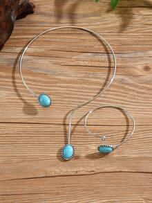 1 Set Of 2pcs Vintage Elegant Fashion Silver-Tone Turquoise Inlaid Open Collar Necklace And Bracelet Jewelry Set, Personalized Exaggerated Bohemian Turquoise Inlaid Necklace And Bracelet Set, Suitable For Women's Daily, Banquet, Party Wear - Silver - View 3