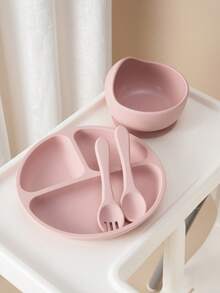 PopLittleOne 4PCS Baby Silicone Dinner Sets Color Contrast Plate Suction Bowl Eating Training Spoon Fork Colorful Baby Tableware Sets - Multicolor 1 - View 4