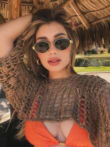 1pc New Korean Fashion Oval Frame Glasses For Women High-End Slim Glasses Personality Street Style Metal Glasses , Comes With An Exquisite Leather Clip, Perfect As A Gift Or For Your Own Use. - màu nâu - Xem 4