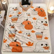 1pc Cartoon Cute Halloween Theme Blanket, Featuring Ghost & Pumpkin Print, Made Of Soft Flannel Fabric, Warm And Practical For Bedroom, Living Room, Halloween Decor, Office Nap, Camping, Yellow Throw Blanket