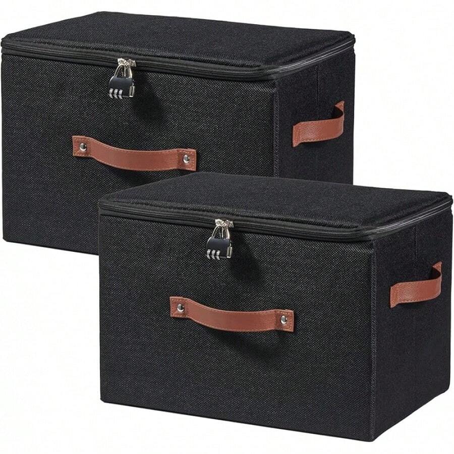 Storage Bins Boxes With Zipper Lid Combination Lock PU Leather Handles Cotton Linen Fabric Lidded Lockable Baskets Foldable Washable Closet Shelf Organizer Container (Light Green, Large)Halloween - 黑色 - 查看 1