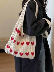 Women's Minimalist Large Capacity Heart Decor Knitting Weaving Shopping Bag, Casual Handbag And Travel Tote Bag