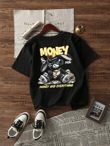 街头时尚！男士财富兔图案印花短袖T恤 - 黑色 - 查看 5