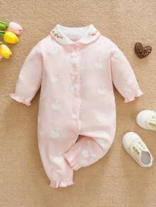WhaleJoan 1pc Baby Girl Swan Print Long Sleeve Jumpsuit With Embroidered Bow Collar - Pink - View 1