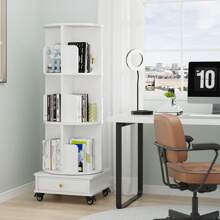 Drehbares Bücherregal mit Rollen, Drehregal Buchregal Bücherschrank mit Schubladen, Bookcase 360° frei Drehbar