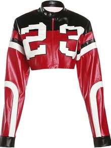 Women's Cropped Faux Leather Jacket Y2K Number Print Bomber Streetwear Short Moto Jacket Vintage Style - 紅色 - 查看 1