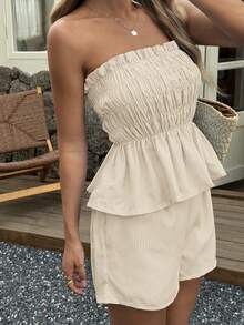 Vaiaye Women's Hawaii Boho Tropical Beach Vacation 2-Piece Set – One-Shoulder Striped Ruffle-Edge Minimalist Everyday Bandeau Top & Shorts, Perfect For Dates, Afternoon Tea, Holidays, Music Festivals And Christmas.