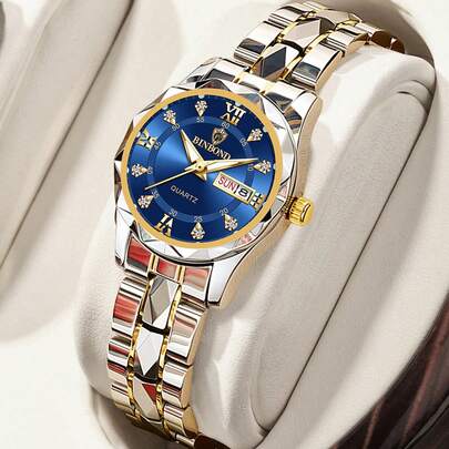 BINBOND Luxury Womens Watch High Quality Diamond Womens Quartz Watch Waterproof Date Display Stainless Steel Womens Gold Watch
