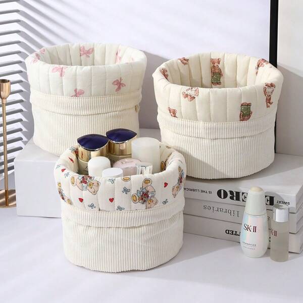 1 PC Cute Corduroy Three-Dimensional Bow Or Love Shape Print Storage Basket, Tabletop Miscellaneous Storage Basket, Waterproof Cosmetic Storage Basket For Brush & Skincare Storage & Organization, Desktop Decoration, Cosmetic Organization Rack, Portable Picnic Basket, Valentine's Day Gifts, Bathroom Storage, Skincare Storage,