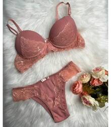 Ribbed Lingerie With Lace, Bra With Pad And Comfortable Panties