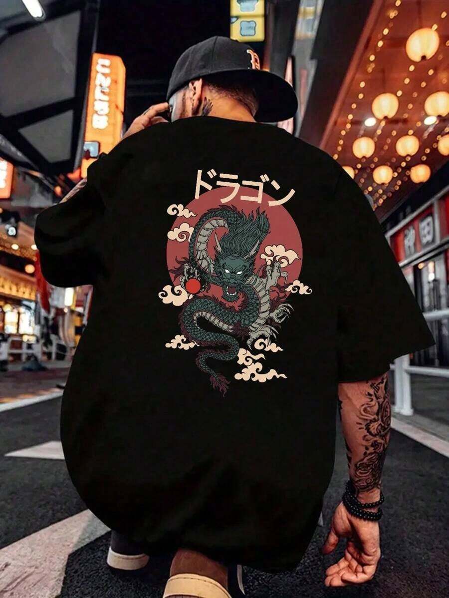 Japanese Dragon T-Shirt Plus Size 100% Cotton Oversized Shirt Casual Streetwear Blouse Oversize T-Shirt - 黑色 - 查看 1