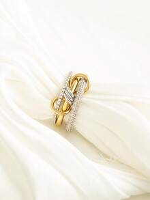 18K镀金立方氧化锆叠戴戒指套装，混合金属多环互扣戒指，防褪色 - 彩色 - 查看 1