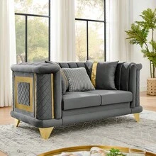 YOGLAD Luxurious Chesterfield Velvet Sofa With Gold Stainless Steel Trims, Modern 3-Seater Sofa And 2-Seater Sofa With Curved Backrest Rolled Arm  And Embroidered Texture 2 Fur & 2 Gold Strip Pillow For Living Room, Bedroom, Apartment, Office - Xám - Xem 6