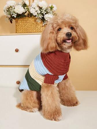 Pulover clasic tricotat cu dungi în culori contrastante pentru câini de talie mică/medie, potrivit pentru toamnă și iarnă