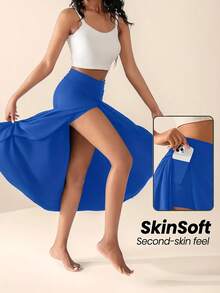 Local Shipping- [Athletic Skirt] 3pcs High-Waisted Athletic Asymmetrical Split Skirt | Women's Mid-Calf Flowy A-Line Culottes With Pockets, Comfort Fit Stretchy Fabric For Running, Gym & Casual Sportswear - Black/Blue/Red