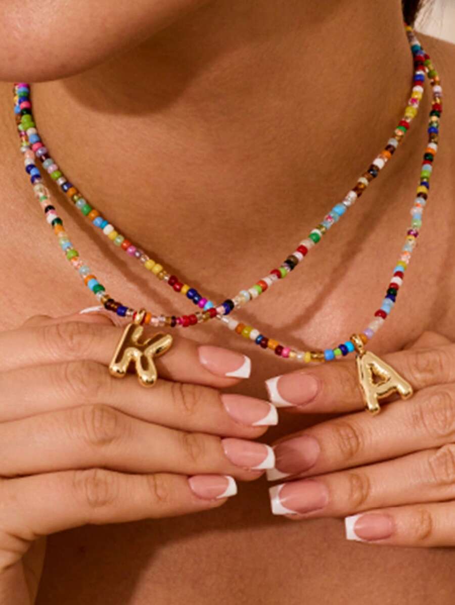 Initial Necklaces For Women Bubble Necklace Handmade Beaded Necklace Dainty Cute Beach Boho Necklaces For Women Jewelry Choker Colorful Necklace For Women