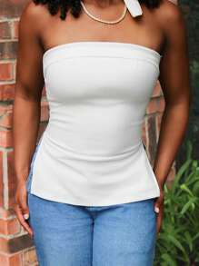 Steph T 纯色开叉下摆抹胸，女士休闲开叉露肩修身白色纯色女式上衣，春夏，休闲日常穿着