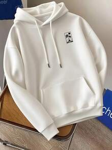 男士休闲百搭简约字母棕榈树印花抽绳连帽衫，带袋鼠口袋，秋冬款 - 白色 - 查看 1